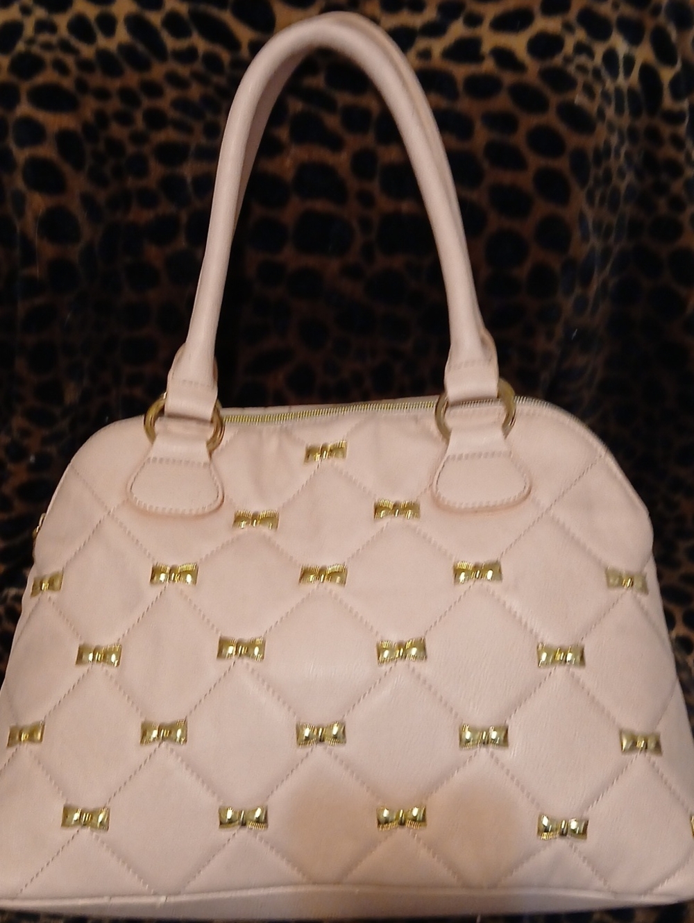 BETSEY JOHNSON Elegant Blush Pink  Quilted Satchel Handbag with Gold Bow Accents